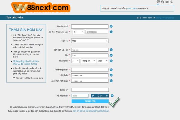 Tạo tài khoản tại W88