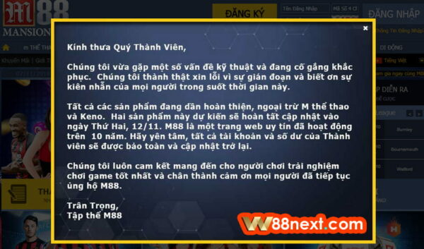 Thông báo W88 bảo trì từ nhà cái