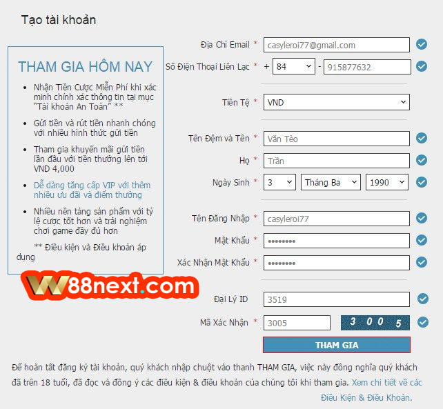 Đăng ký nhanh tài khoản W88